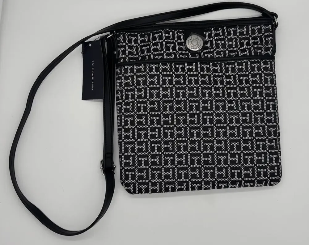 Tommy Hilfiger Women’s Black/White Monogram Logo Crossbody Bag Zip,Adjustable